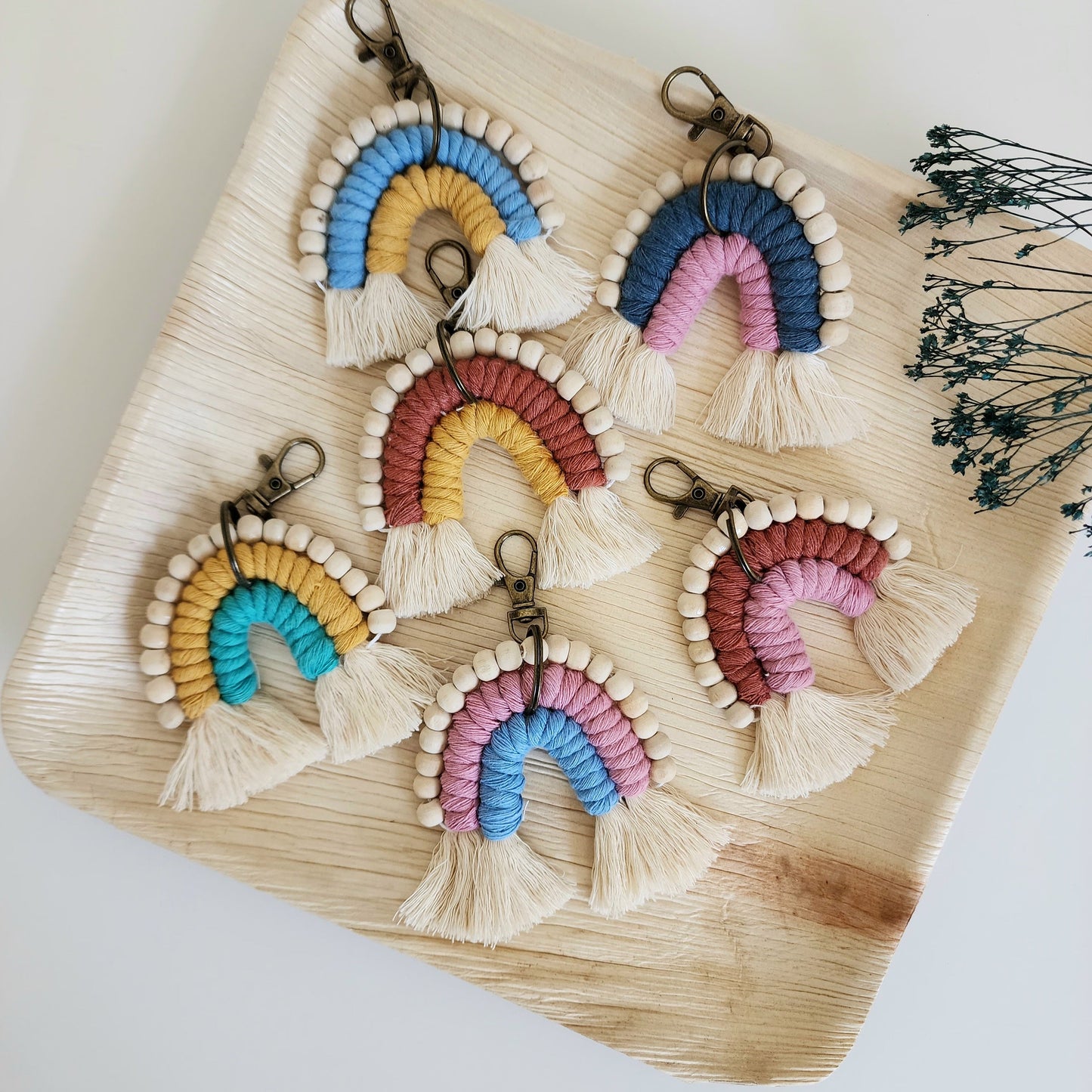 Macrame Rainbow Keychain with wooden beads