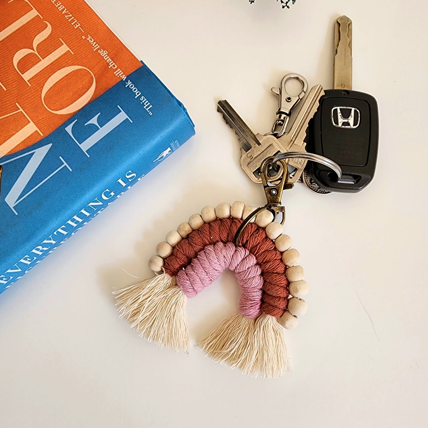 Macrame Rainbow Keychain with wooden beads