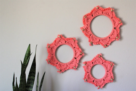 Set of 3 Handmade Macrame Mandala Art in coral pink